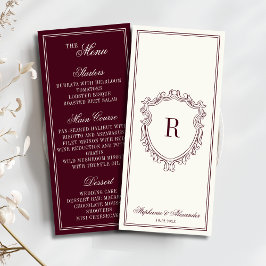 Burgundy Ivory Monogram Crest Old Money Wedding Menu