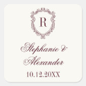 Burgundy & Ivory Monogram Crest Old Money Wedding Vierkante Sticker (Voorkant)