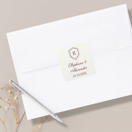 Burgundy & Ivory Monogram Crest Old Money Wedding Vierkante Sticker
