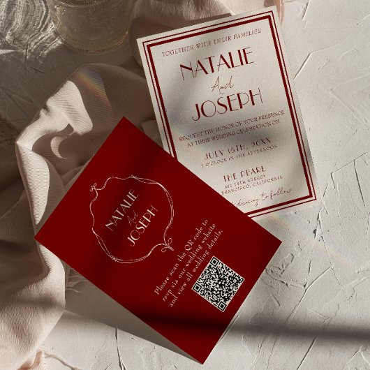 Burgundy Ivory Old Money Retro QR Code Wedding Kaart