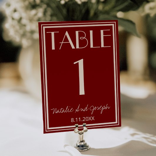 Burgundy Ivory Old Money Wedding Table Number Kaart