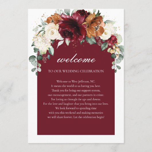 Burgundy Ivory Rust Floral Wedding Order of Event  Programmakaart (Achterkant)