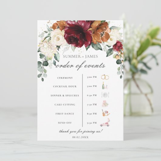 Burgundy Ivory Rust Floral Wedding Order of Event  Programmakaart (Staand voorkant)