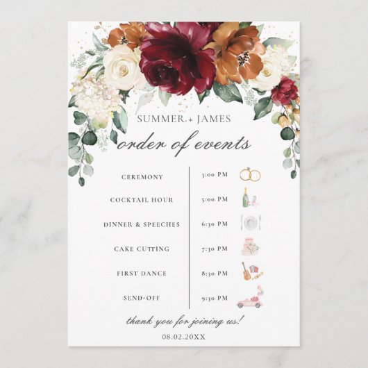 Burgundy Ivory Rust Floral Wedding Order of Event  Programmakaart (Voorkant)
