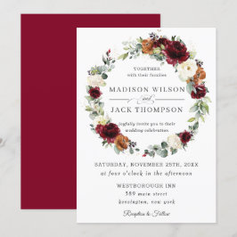 Burgundy Ivory Rust Sinaasappel Floral Wreath Wedd Kaart