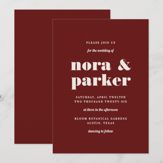 Burgundy & Ivory Simple Modern Formal Wedding Kaart (Voorkant / Achterkant)
