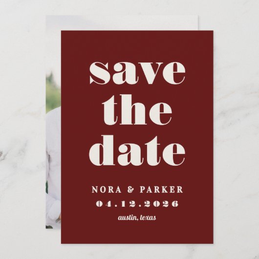 Burgundy & Ivory Simple Modern Formal Wedding Save The Date (Voorkant / Achterkant)