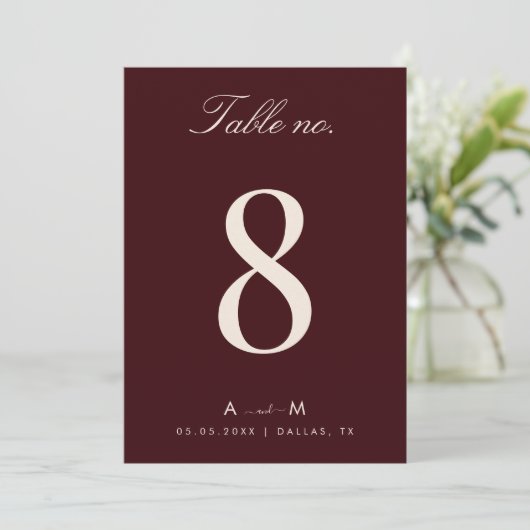Burgundy & Ivory Wedding 5x7 Table Number Card Kaart (Staand voorkant)