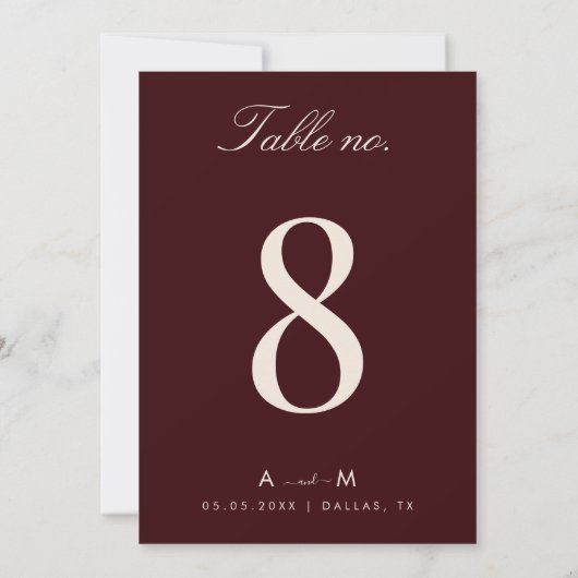 Burgundy & Ivory Wedding 5x7 Table Number Card Kaart (Achterkant)