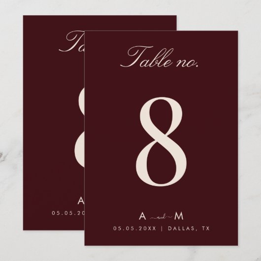 Burgundy & Ivory Wedding 5x7 Table Number Card Kaart (Voorkant / Achterkant)