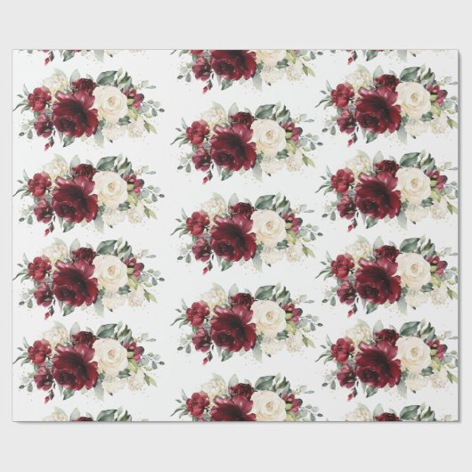 Burgundy Ivory White Floral Greenery Cadeaupapier (Vlak)