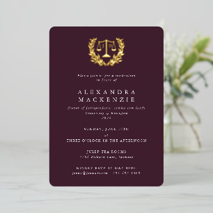 Burgundy JD Law Scales+Laurel Wreated Afstuderen Folie Uitnodiging