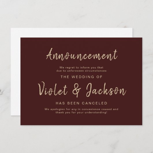 Burgundy-kaart voor minimale bruiloft met script kaart (Voorkant / Achterkant)