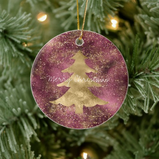 Burgundy Kers Goud Glitter Kerstboom  Keramisch Ornament (Boom)