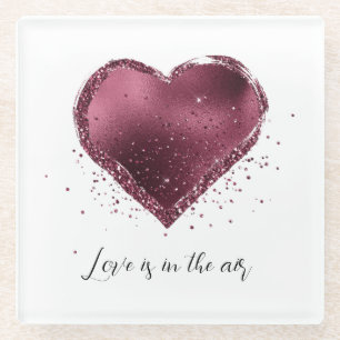 Burgundy Kersen Glitter Glans Hart Liefde  Glazen Onderzetter