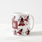 Burgundy-kerstboompatroonmonogrammen Koffiemok (Voorkant rechts)