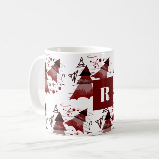 Burgundy-kerstboompatroonmonogrammen Koffiemok (Voorkant links)