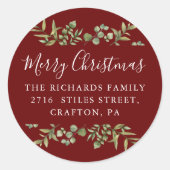 Burgundy Kerstmis Groene Retouradres Ronde Sticker (Voorkant)