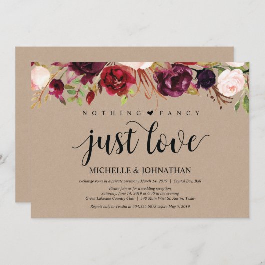 Burgundy Kraft Floral Elopement Reception nodigt u Kaart (Voorkant / Achterkant)