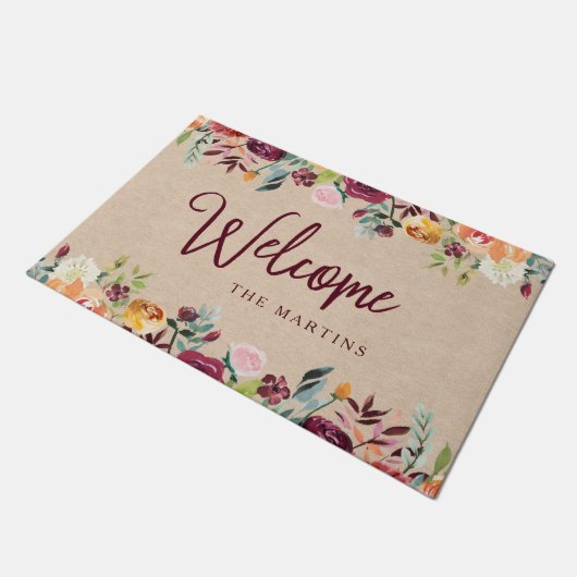 Burgundy Kraft | Welkom in Rustic Floral Deurmat (Schuin)