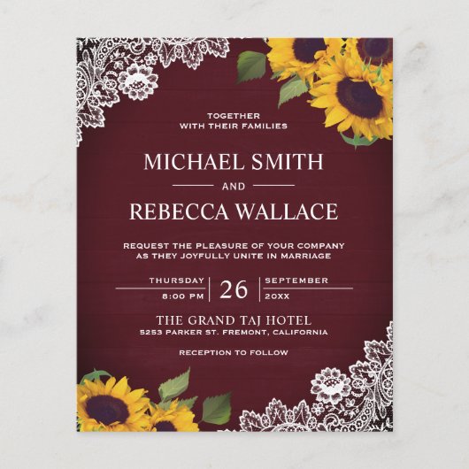 Burgundy Lace Sunflower Budget Weduwuitnodiging (Voorkant)