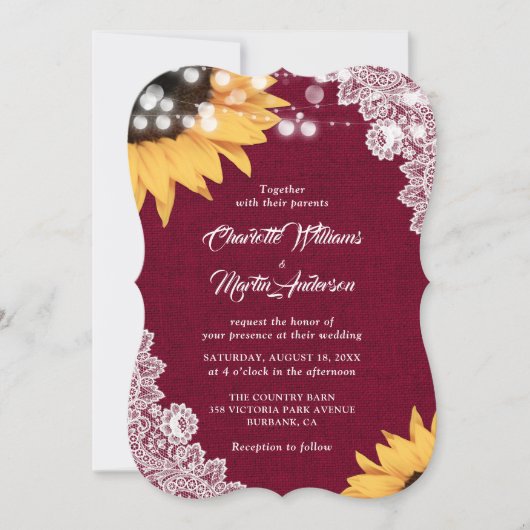 Burgundy Lace Sunflower Wedding Invitting Kaart (Voorkant)