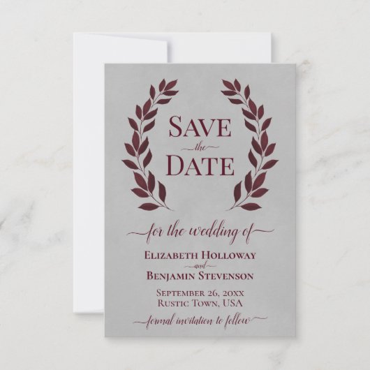 Burgundy Laurel Leaves over het grijze huwelijk Save The Date (Voorkant)