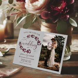 Burgundy Laurel Leaves & Photo Rustic Gray Wedding Save The Date
