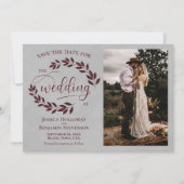 Burgundy Laurel Leaves & Photo Rustic Gray Wedding Save The Date (Voorkant)