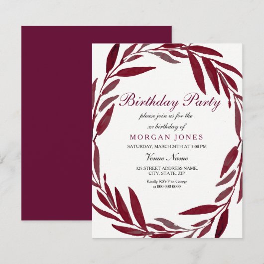 Burgundy Leaf Wreath Adult Birthday Party Invite Kaart (Voorkant / Achterkant)