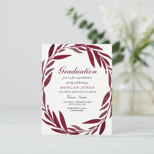 Burgundy Leaf Wreath Boy of girl Graduation Party Kaart (Staand voorkant)