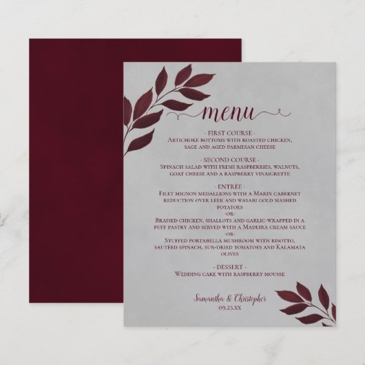 Burgundy Leaves over Gray Budget Wedding Menu (Voorkant / Achterkant)