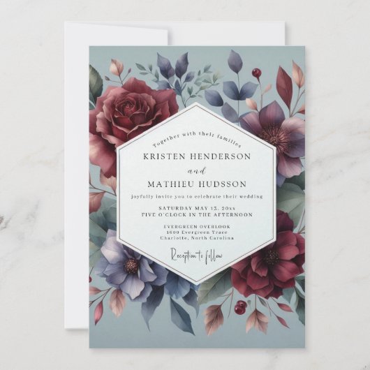 Burgundy & Leigrey Moody Bloom Bruiloft Kaart (Voorkant)