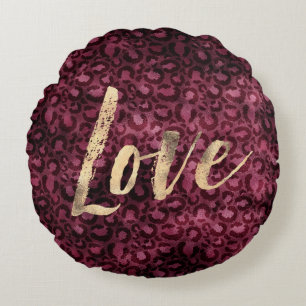 Burgundy Leopard Print Gold Love Rond Kussen