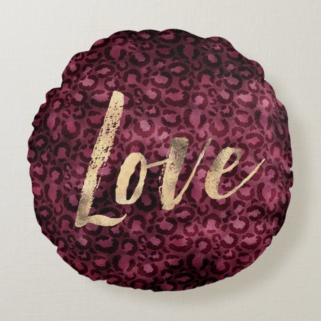 Burgundy Leopard Print Gold Love Rond Kussen (Voorkant)