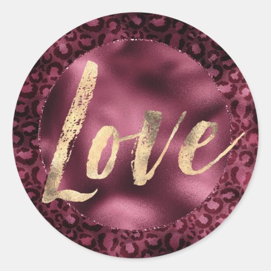 Burgundy Leopard Print Gold Love Ronde Sticker (Voorkant)