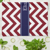 Burgundy Lg Chevron Navy Blue Name Monogram Theedoek (Gevouwen)