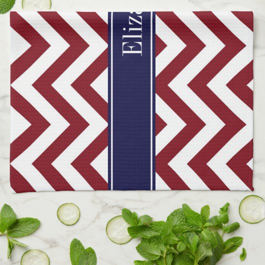 Burgundy Lg Chevron Navy Blue Name Monogram Theedoek (Gevouwen)