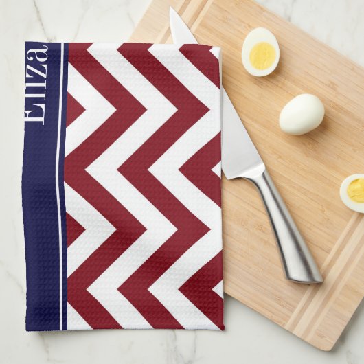 Burgundy Lg Chevron Navy Blue Name Monogram Theedoek (Quarter Fold)