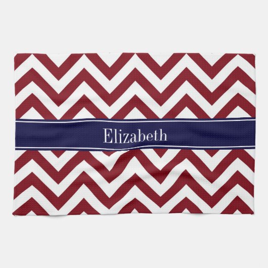 Burgundy Lg Chevron Navy Blue Name Monogram Theedoek (Horizontaal)