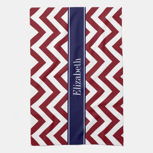 Burgundy Lg Chevron Navy Blue Name Monogram Theedoek (Verticaal)