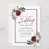 Burgundy Lijst Floral Greenery Calligraphy Wedding Kaart (Voorkant)