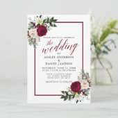 Burgundy Lijst Floral Greenery Calligraphy Wedding Kaart (Staand voorkant)