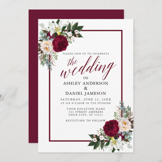 Burgundy Lijst Floral Greenery Calligraphy Wedding Kaart (Voorkant / Achterkant)