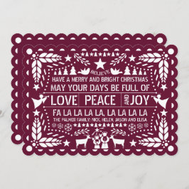 Burgundy Love Peace Joy papel picado Kerstmis Feestdagenkaart