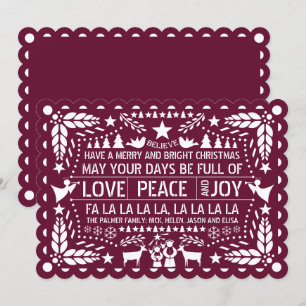 Burgundy Love Peace Joy papel picado Kerstmis Feestdagenkaart
