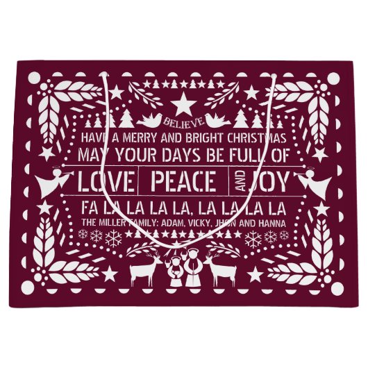 Burgundy Love Peace Joy papel picado Kerstmis Groot Cadeauzakje (Voorkant)
