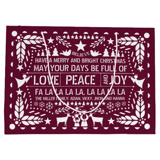 Burgundy Love Peace Joy papel picado Kerstmis Groot Cadeauzakje (Achterkant)