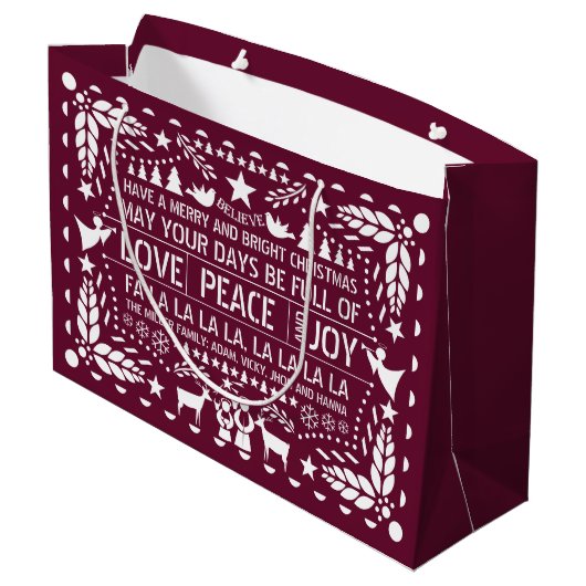 Burgundy Love Peace Joy papel picado Kerstmis Groot Cadeauzakje (Achterkant Gekanteld)