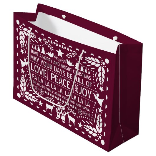 Burgundy Love Peace Joy papel picado Kerstmis Groot Cadeauzakje (Voorkant Gekanteld)